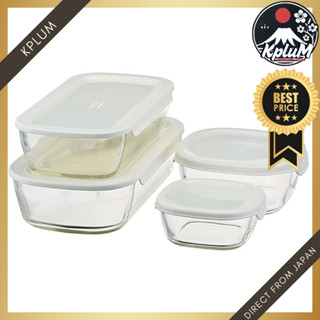 HARIO耐熱玻璃儲存容器4件套 KSTL-4004-OW，堆疊設計，適合各種食材，保持新鮮。耐高溫，易於清洗，完美適合