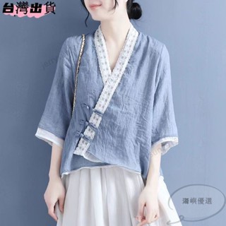 ⭐臺出⭐ 棉麻漢服 民族風上衣 民國風上衣 蕾絲斜襟盤扣係帶七分袖襯衫女 棉麻復古茶服 夏季女裝 大尺碼女裝 短袖上衣