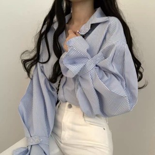 ease 韓國chic 法式 小眾秋裝設計感 細條紋 寬鬆襯衫 女簡約內搭長袖上衣潮