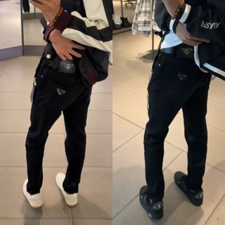 KK男裝 臺灣現貨 牛仔褲男 2025快手網紅秋冬新款三角標黑色牛仔褲彈力潮牌小腳休閒修身長褲