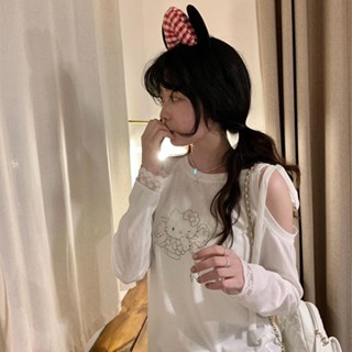 【Uni】甜美卡通印花露肩T恤女夏季日系百搭休閒防曬 罩衫 蕾絲邊長袖 上衣
