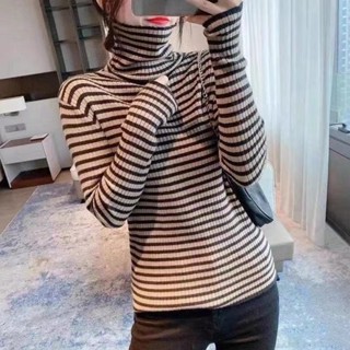 條紋高領打底衫女秋冬2024年新款百搭修身顯示堆堆領毛衣內搭上衣韓版針織毛衣 秋季上衣 條紋毛線衣 修身毛衣「樂購」