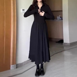 【HOT 本舖】 S-2XL 2024新款早秋小個子黑色連衣裙子女裝法式氣質長裙高階感顯瘦
