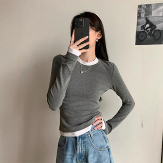 T恤女生 假兩件 長袖上衣 秋天女裝 韓國女裝 修身顯瘦 秋冬內搭 大尺碼 舒適圓領 百搭基礎款