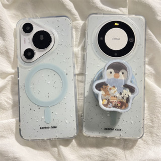 ins卡通潑墨企鵝搖搖樂磁吸支架適用華為mate60pro+手機殼pura70pro雙層磁吸殼mate40/50pro保