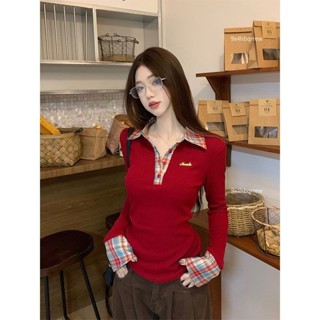 【新品上市2】美式拼接格子Polo領打底衫女裝春季復古設計感修身打底衫內搭上衣