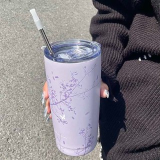 飲料杯 咖啡濾杯 孚咚居原創304不鏽鋼水杯紫色咖啡杯隨行杯吸管保溫杯帶蓋小眾