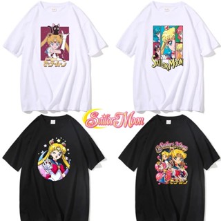 SAILOR MOON 美少女戰士t恤卡通精緻印花黑白成人短袖夏季透氣上衣日常百搭服裝