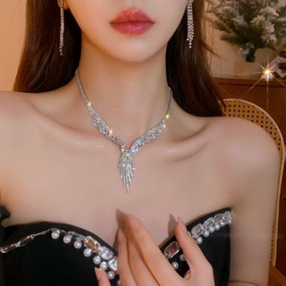 流蘇飄逸璀璨奢華水晶滿鑽鎖骨鏈套裝2025輕奢小眾高階感項鍊配飾4.3