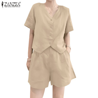 Zanzea 女士韓版時尚純色 V 領短袖背心上衣彈力短褲套裝