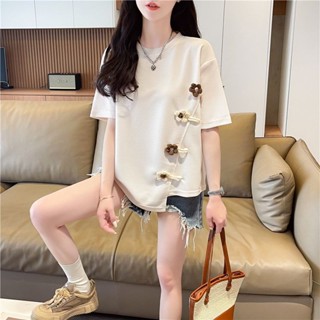 <zp女裝>2025夏季T恤女短袖高階感華夫格設計感立體裝飾花朵圓領上衣女潮
