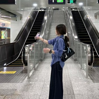 【韓系穿搭】藍色格子長袖襯衫秋季外套2025年春上衣新款復古慵懶寬鬆休閒襯衫