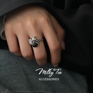 奶茶家 MilkyTea 精緻黑色鋯石好運招財貓戒指 復古尚少女百搭做舊開口指環 嘻哈風潮酷女生日常配飾關節戒子 637