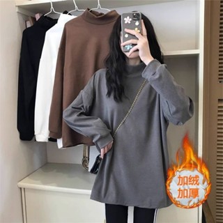 M-4XL 大尺碼胖MM可穿純色雙面德絨半高領打底衫女寬松加絨加厚保暖上衣