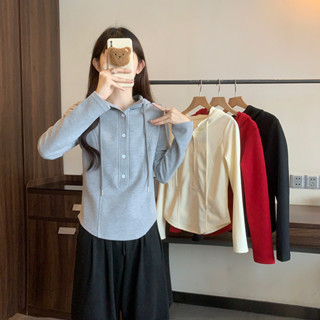 M-4XL 四色可選 韓系慵懶風設計感紐扣長袖連帽衛衣 帽t 中大尺碼女裝 梨形身材 秋冬女裝 寬鬆顯瘦上衣