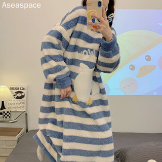 aseaspace·秋冬珊瑚絨加大尺碼睡裙女秋冬韓版可愛大白鵝條紋胖mm居家服裙子長款保暖加厚法蘭絨睡衣裙子