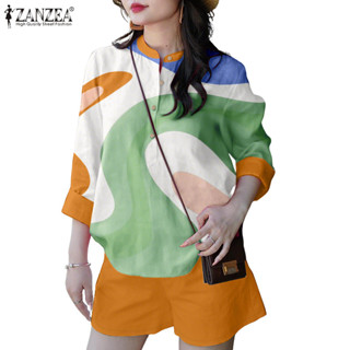 ZANZEA 女士韓版時尚度假撞色花朵襯衫上衣彈力腰短褲休閒套裝