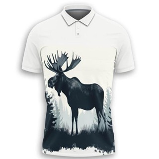 新款男士駝鹿圖案 Polo 衫時尚夏季 3D 動物印花翻領 T 恤休閒街頭潮流超大 T 恤