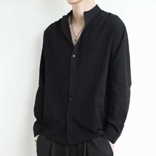 薄長袖 長袖t 恤 男 長袖排汗衫 棉麻襯衫男長袖夏季薄款日系立領短袖襯衫痞帥高階感寬鬆休閒上衣
