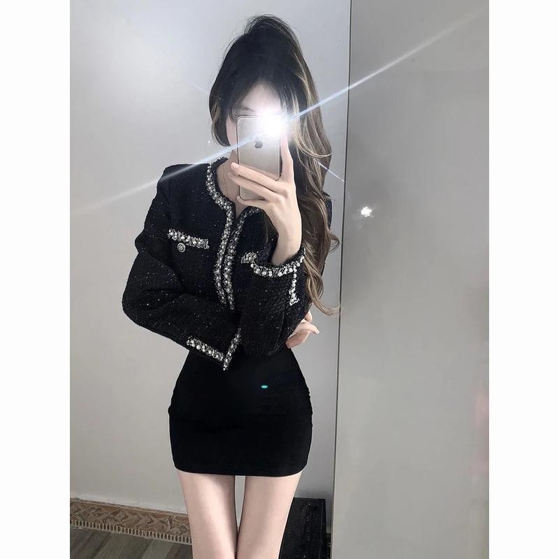【夏季穿搭女】快手同款社會女重工釘珠小香風短款外套+吊帶包臀連衣裙套裝