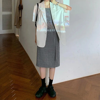 [Ginie]COD現貨 免運 AST2025春秋新款休閒套裝韓版白色襯衫外套開叉格子吊帶連衣裙兩件套速髮425