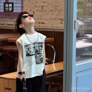 PIPILULU.KIDS純棉兒童無袖T恤男童夏季新款男孩時尚坎肩中童複古印花背心上衣t 韓版 2025 舒適歐美新款百