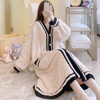 【臺灣出貨】加厚珊瑚絨睡袍女士秋冬季加絨睡衣長款浴袍法蘭絨家居服浴衣睡裙