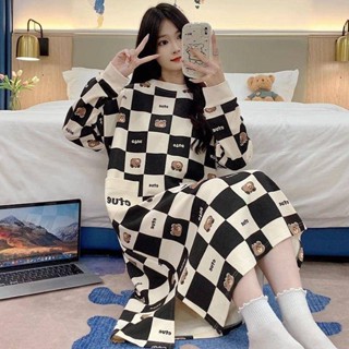 【臺灣出貨】睡裙女胖mm2-300斤長袖連衣裙睡衣薄款女士卡通小熊格子家居服240珊瑚絨睡裙 冬季睡衣 保暖加絨睡裙
