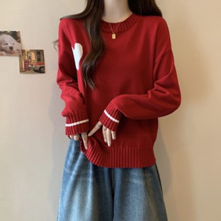 實拍大碼韓版圓領愛心長袖毛衣女秋季慵懶風內搭打底寬鬆針織上衣