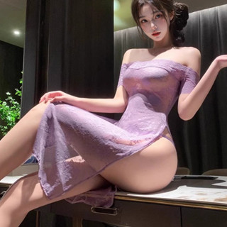 性感透視紫色風情純欲透視情趣蕾絲旗袍長裙高叉一字領制服睡