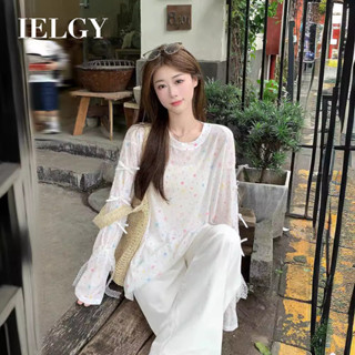 IELGY 薄款印花長袖防曬t恤女蝴蝶結蕾絲拼接上衣