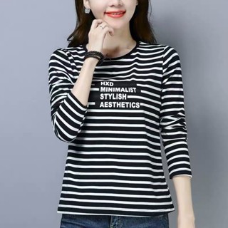 秋季打底衫長袖T恤女寬鬆春秋30-40歲中年媽媽裝條紋上衣時尚小衫