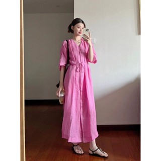 XYJ 隨心款棉麻細帶襯衫小外套洋裝女法式V領寬鬆顯瘦長裙子