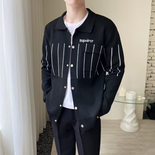 秋冬季新款! 男士翻領拼色條紋毛衣外套 寬鬆休閒羊毛針織小外套潮上衣