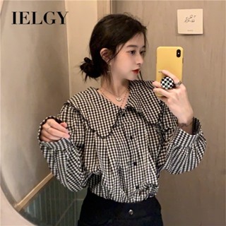 IELGY 長袖格子襯衫女百搭復古娃娃領上衣