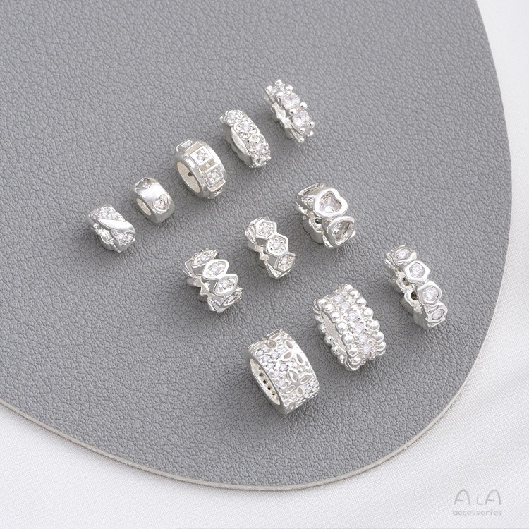 Ala- 包925厚銀強保色鑲鋯石心形雪花隔片手工串珠隔珠片路路通diy配飾