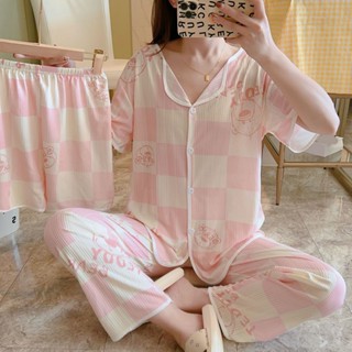 女式可愛印花睡衣上衣短褲長褲三件套家居服