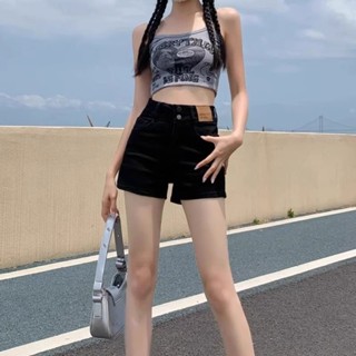 【HOT 本舖】 短褲女a字型直筒設計皮牌超高腰ins黑色牛仔褲雙扣卷邊闊腿熱褲子
