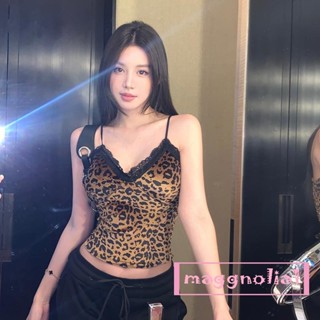 Maggnolia-豹紋吊帶背心女士休閒夏季蕾絲飾邊 V 領細肩帶露臍上衣無袖