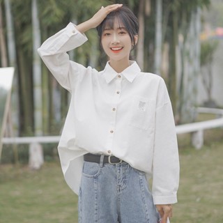 女版襯衫白色襯衫女設計感小眾長袖外穿學生上衣印花秋季韓版寬鬆百搭襯衫