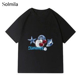 【Ans】-夏季短袖寬鬆舒適圓領藍色圖案上衣