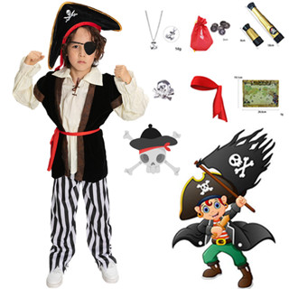 電影海盜角色扮演服裝兒童男孩套裝 - 傑克船長黑色夾克褲子帽子眼罩萬聖節派對服裝項鍊地圖袋配件全套