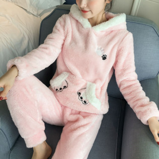 冬天珊瑚絨睡衣套裝 女生胖MM韓國可愛小熊耳朵羔羊絨寬鬆加大尺碼居家服法蘭絨 刷毛加厚款 毛絨卡通連帽睡袍學生家居服睡衣