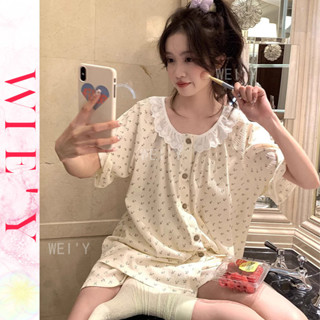🌸WIE' Y🌸「韓國家居服」兩件式睡衣 可愛睡衣 甜美蕾絲花邊泡泡棉碎花荷葉睡衣女 睡衣套裝 質感睡衣 短袖居家服