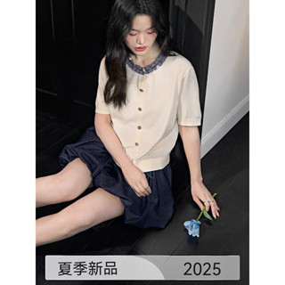 春季女裝 kuose 闊色小香風木耳邊短袖針織衫女2025春夏季新款白色短版打底衫上衣