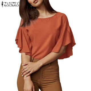 Zanzea 女式韓版休閒圓領短袖裝飾鈕扣寬鬆上衣