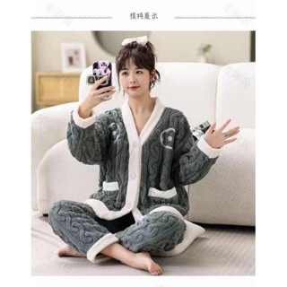 絨毛外套 鴨絨外套 北極絨外套 女士睡衣秋冬款珊瑚絨加厚保暖小外套寬鬆兩件套法蘭絨家居服可外穿