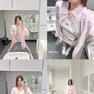 珊瑚絨外套 冬天外套 北極絨外套 美式復古粉色條紋Polo領襯衫外套女春秋寬鬆休閒長袖襯衫外搭上衣