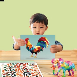 ANTIONE 3D 幾何貼紙書、紙質益智玩具 DIY 貼上材料套件、訓練遊戲蒙臺梭利手工卡通動物貼紙書兒童