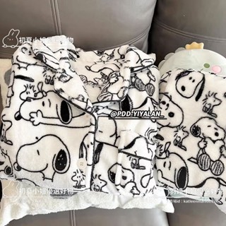 🔥臺灣出貨🔥【送眼罩】卡通史努比珊瑚絨睡衣女秋冬季加厚毛絨學生家居服套裝禮